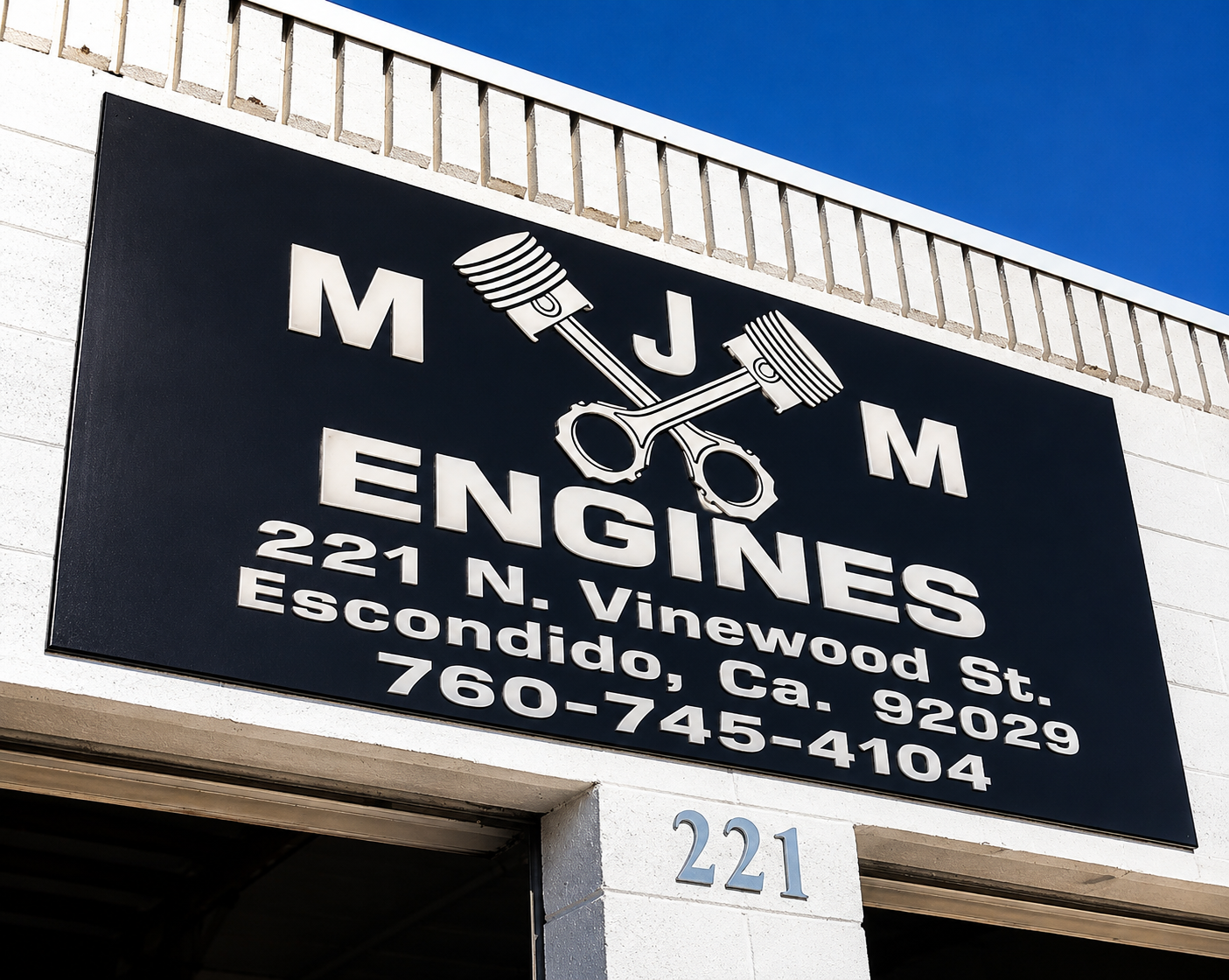 MJM Engines shop sign at 221 N. Vinewood St, Escondido